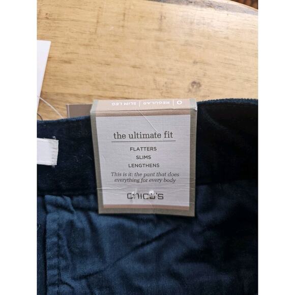 NWT Chico's Size 0 (S/4) Teal Ultimate Fit Velveteen Slim Leg Pants Stretch $89 - Picture 7 of 7